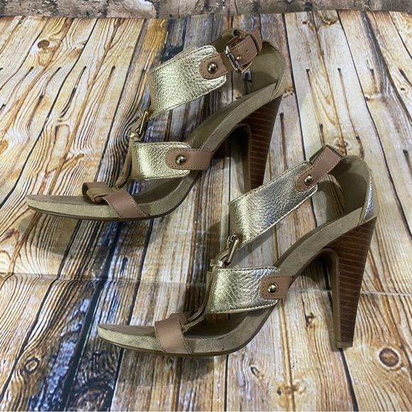 Nine West Snookso Gold Leather 4” Stiletto Open Toe Heels Size 6.5 - Picture 4 of 6